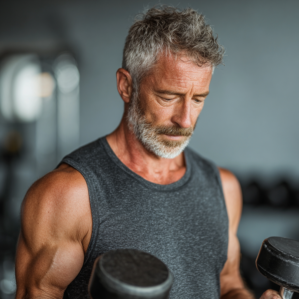 Mature man in his 50s performing strength training exercises with dumbbells in a well-equipped fitness studio, displaying proper form and focused concentration
