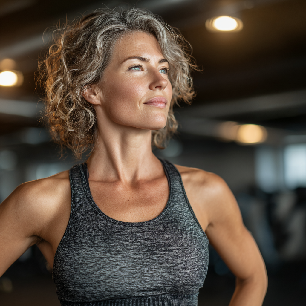 Professional fitness trainer in her 40s demonstrating proper exercise form in a modern gym, wearing athletic attire and showing confident, encouraging demeanor